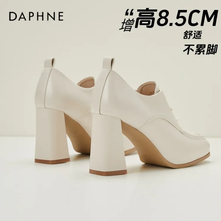 达芙妮法式系带粗跟高跟鞋女2025新款春季百搭方头深口单鞋小皮鞋