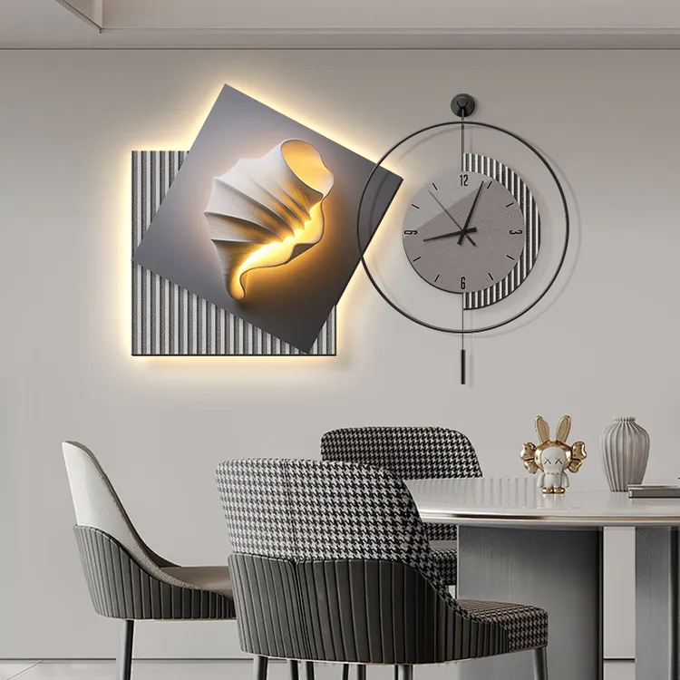 新款光影餐厅装饰画带钟表轻奢高级感饭厅挂画简约餐桌墙面挂钟