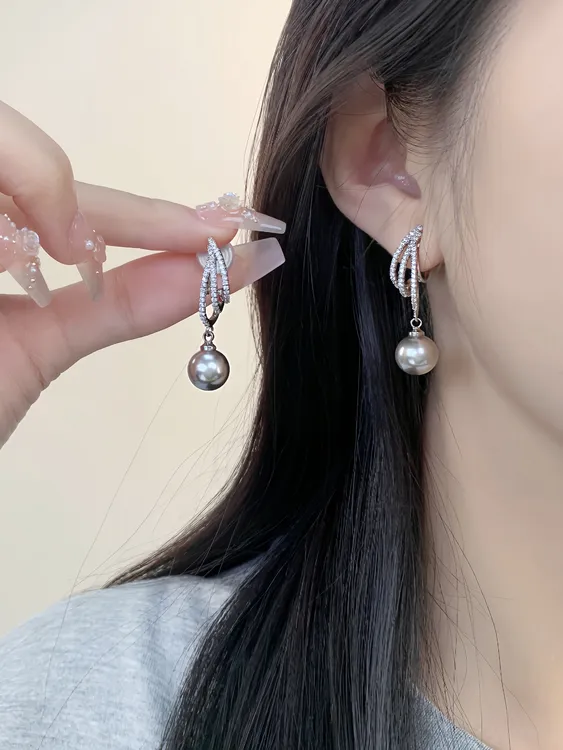 铜合金耳饰 H675银灰色珠珠耳坠法式轻奢高级清冷感小众气质耳夹