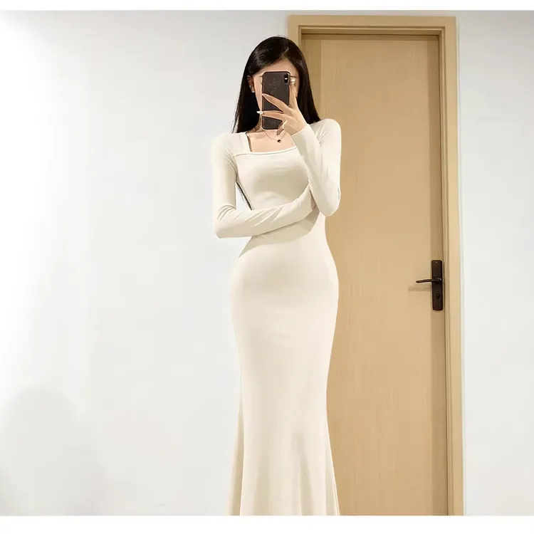 秋冬季白色步步生莲鱼尾裙女内搭针织包臀长款伯克利长裙连衣裙