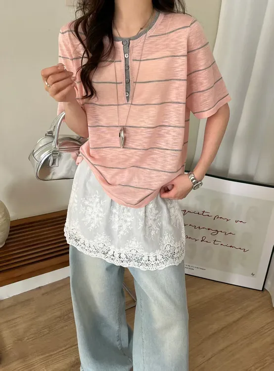 宽松型夏季条纹短袖薄款毛针织衫小众半开领国潮新风短款上衣显瘦