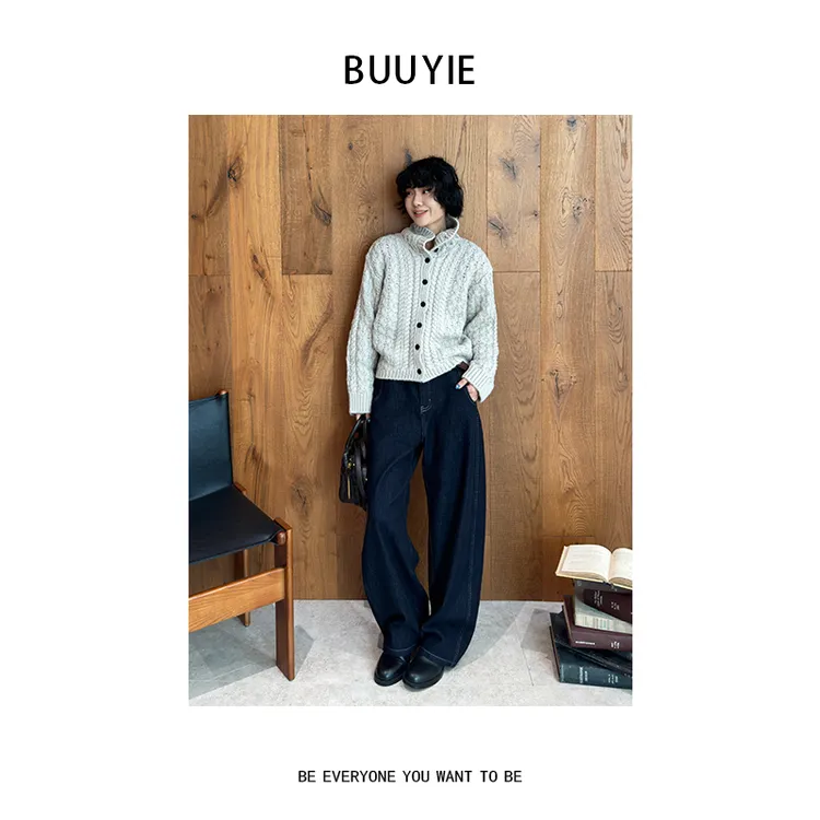 BUUYIE 冬季新款慵懒风复古百搭休闲灰色高领毛衣外套 2470533