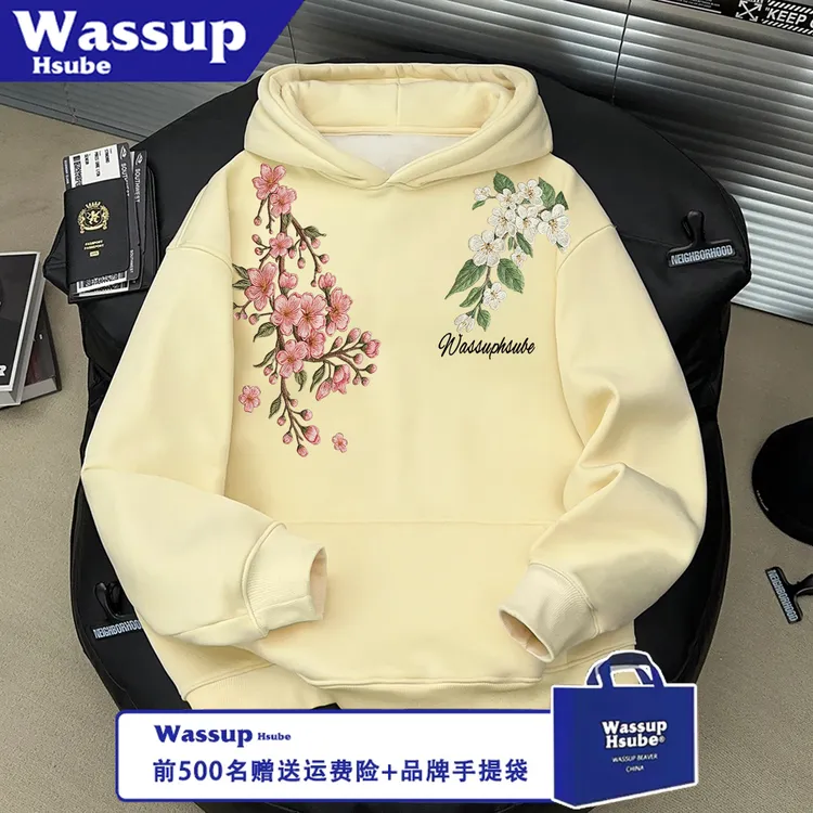 WASSUP HSUBE美式宽松印花秋冬杏色花卉高级休闲长袖卫衣情侣上衣