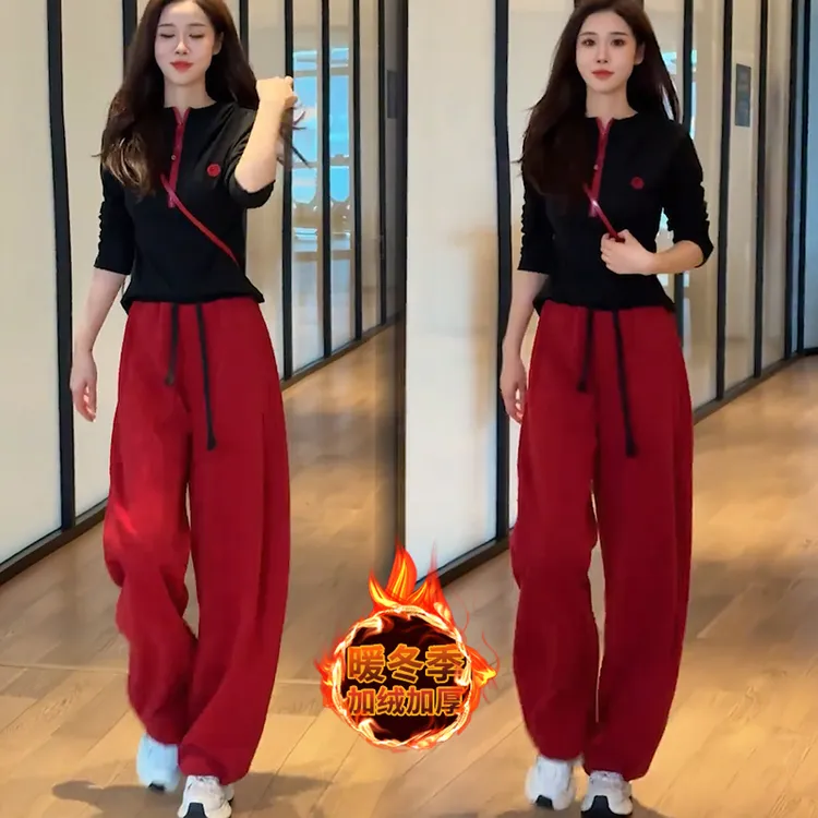 时尚套装女秋冬季新款连帽双面绒T恤打底上衣休闲加绒阔腿两件套