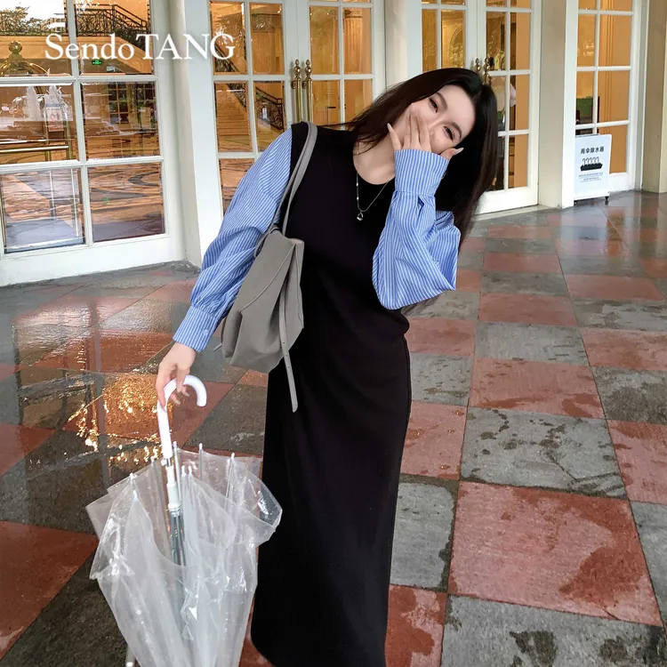 假两件条纹拼袖黑色连衣裙胖多女装新款慵懒宽松休闲裙【显瘦天赋】