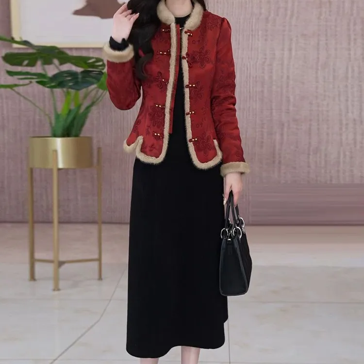 提花缎新中式两件套连衣裙秋冬季新款洋气时尚中国风显瘦套装裙子