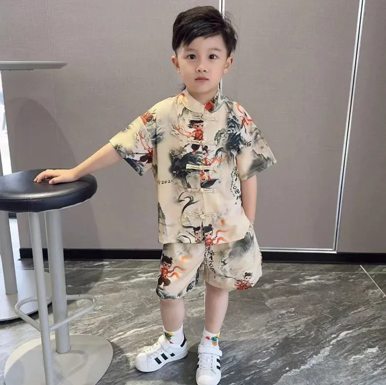 【国风套装】新款夏季男童中国风哪吒汉服中式短袖印花复古
