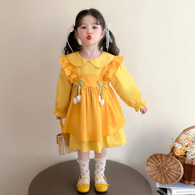 女童春秋新款可爱娃娃领连衣裙套装韩系甜美公主背带裙宝宝两件套