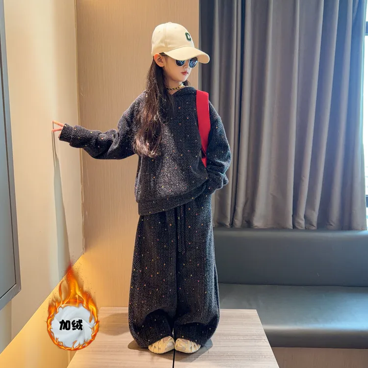 女童加绒套装2025新款儿童年货冬装加厚连帽外套阔腿裤一整套穿搭