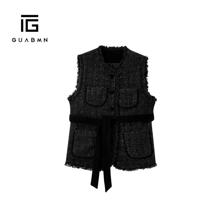 GUABMN2025秋季新款法式圆领流苏小香风亮丝马甲百搭无袖上衣5768