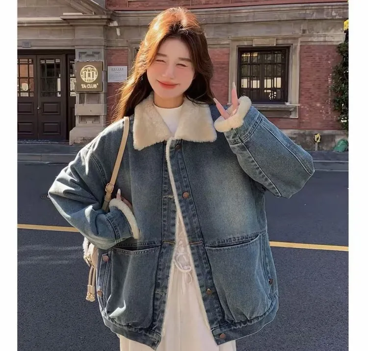 蓝色牛仔外套女小个子2025年冬季新款韩系超好看流行加绒短款棉衣