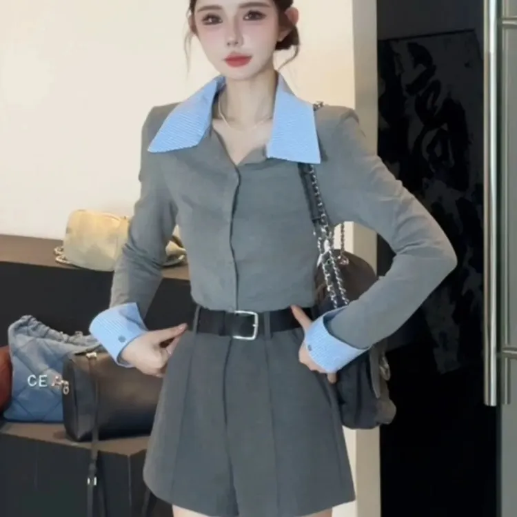 撞色Polo领拼色衬衫假两件打底衫女2025春秋新款修身显瘦长袖上衣
