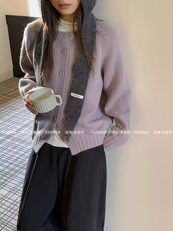 【雾紫开衫】粗针小个子加厚！饭饭新款女装冬季韩版针织毛衣女开衫