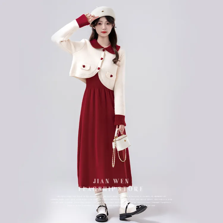 拉夏贝尔娃娃领短款杏色针织开衫女中长款连衣裙新年红两件套秋冬