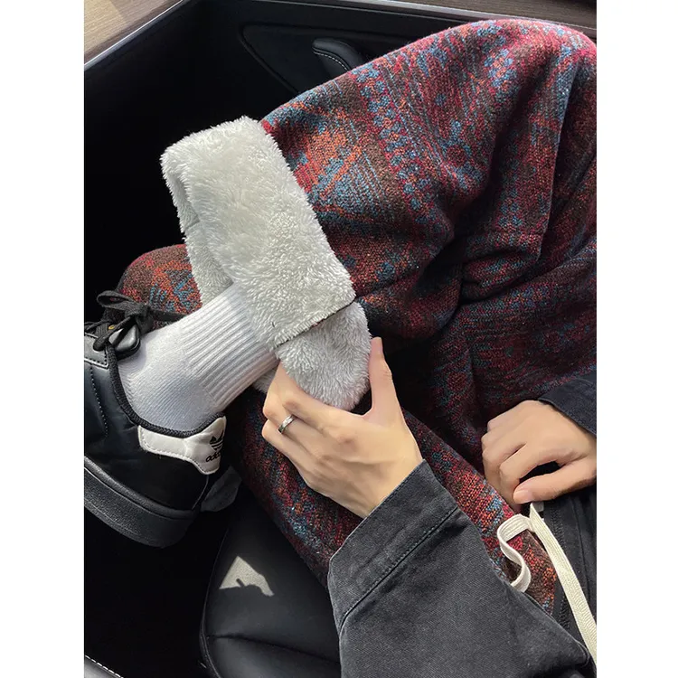 羊羔绒裤子男女冬季加绒加厚大码宽松复古民族风针织提花保暖棉裤