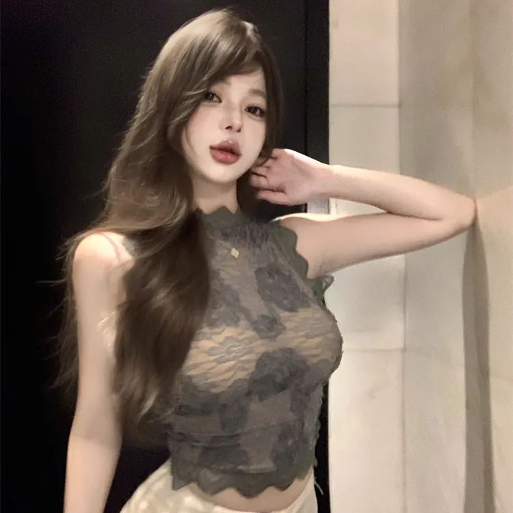 纯欲性感蕾丝拼接修身内搭上衣女夏法式小众显瘦短款无袖背心外穿