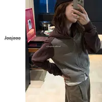 Jaajaaa午夜邮报 美式设计感撞色拼接时尚减龄长袖连帽卫衣/XHB