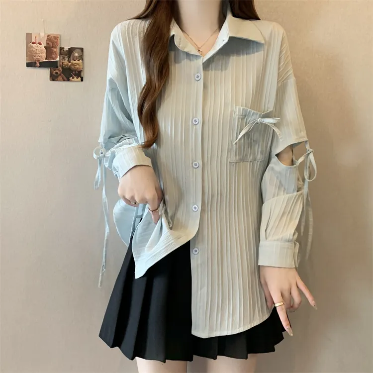 甜美可爱风格系带衬衫女春夏宽松防晒百搭叠穿衬衣外套-QGQY5611