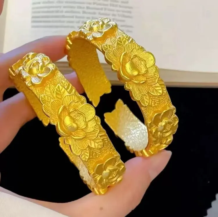铜合金手镯 新中式錾刻富贵牡丹花手镯开口女款气质复古