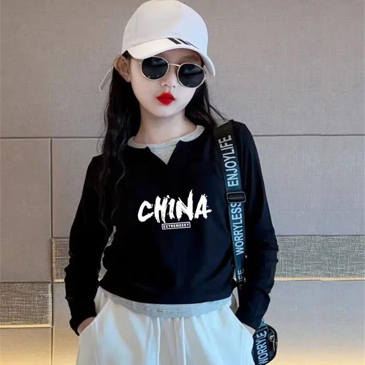 女童春秋新款打底衫儿童棉质长袖t恤女孩中大童修身秋季黑色上衣
