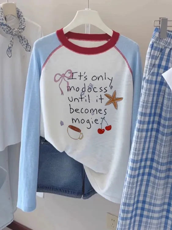 女童插肩袖美式打底衫秋新款圆领长袖T恤宽松中大童卡通百搭上衣