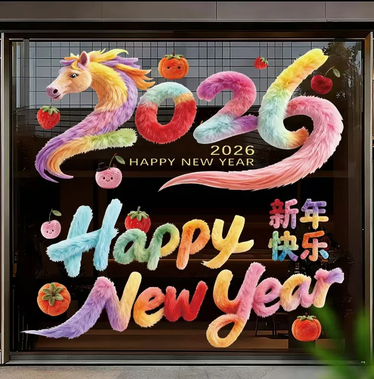 【双面高品质】5D小马绒毛质感国风玻璃静电贴新年装饰元旦墙贴窗花