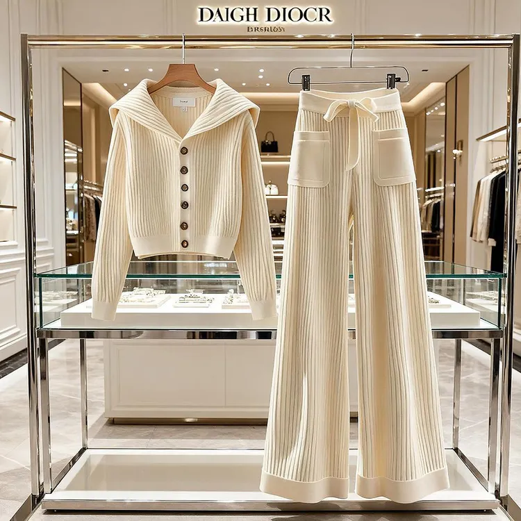 高档大气软糯百搭针织上衣休闲慵懒直筒裤秋冬时尚洋气套装女爆款