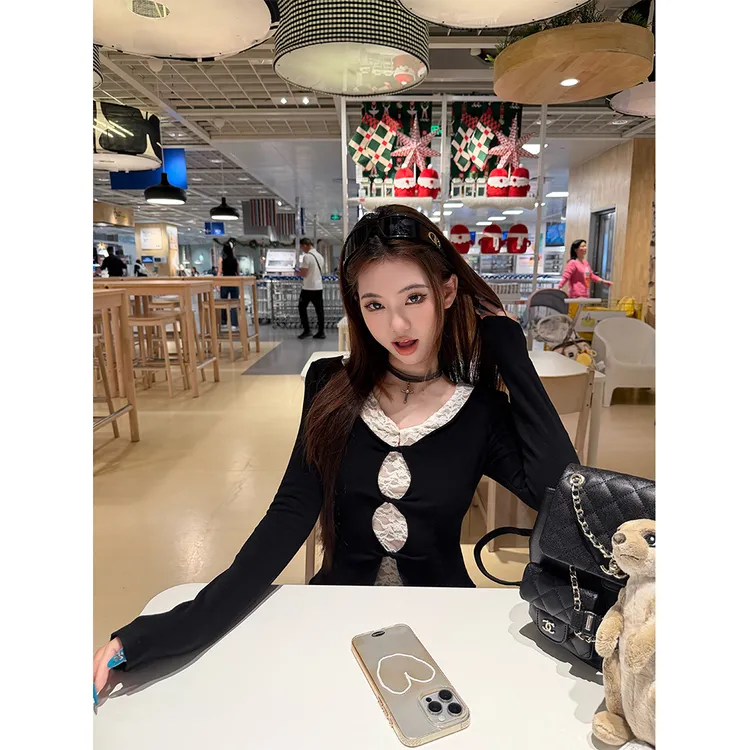 假两件蕾丝针织衫女修身长袖T恤内搭打底上衣23656#