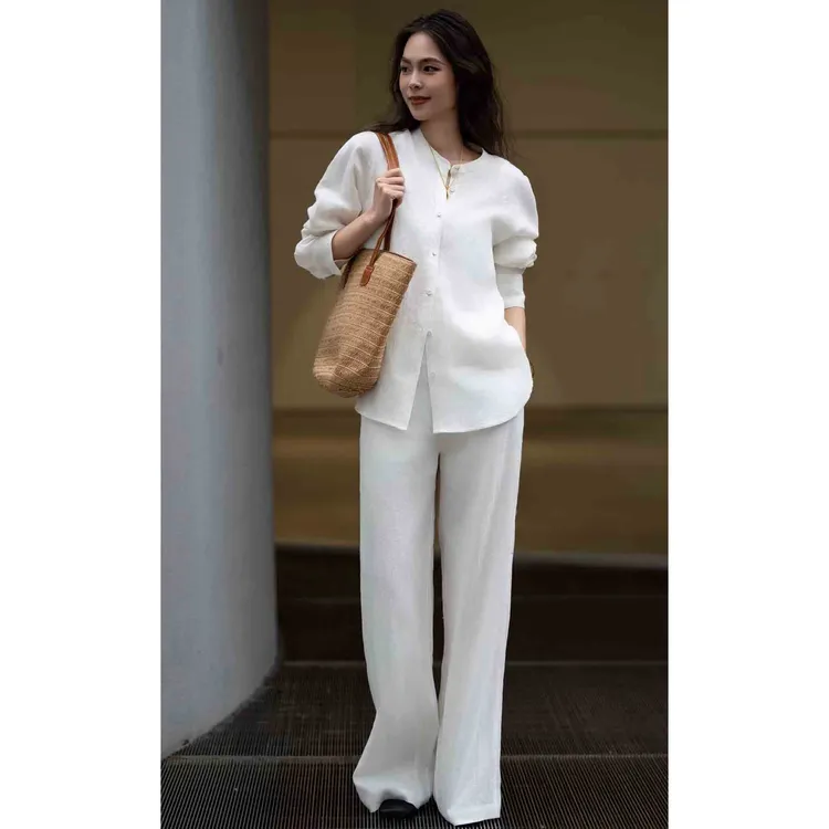 轻奢气质老钱风亚麻宽松长袖衬衫阔腿裤松驰感两件套休闲显瘦套装