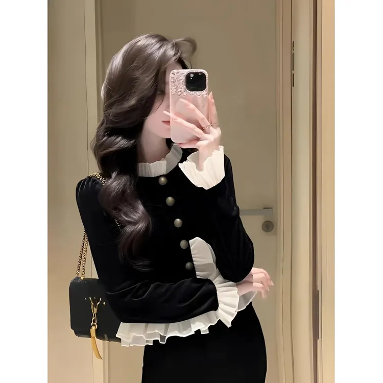 衬衫女高级感轻奢减龄洋气内搭打底衫设计感轻熟气质黑色丝绒上衣