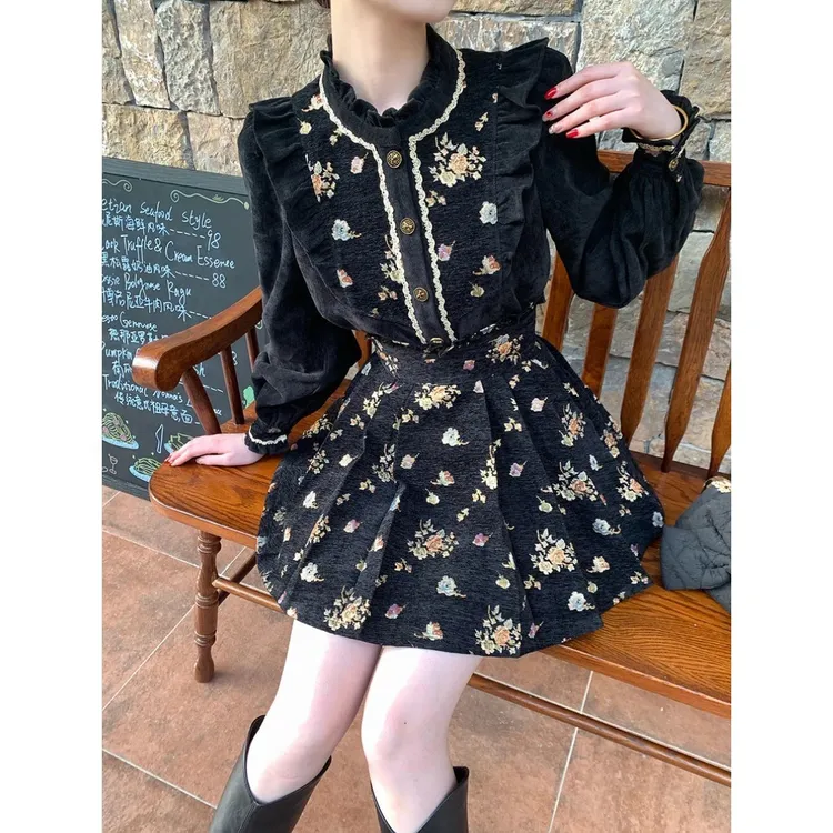 一生罗曼鎏金玫瑰法式复古设计感小众新款女上衣长袖衬衫+长短裙