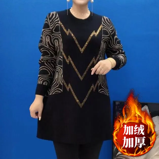 2025秋冬新款时尚百搭加绒加厚中长款上衣宽松大码长袖妈妈小衫女