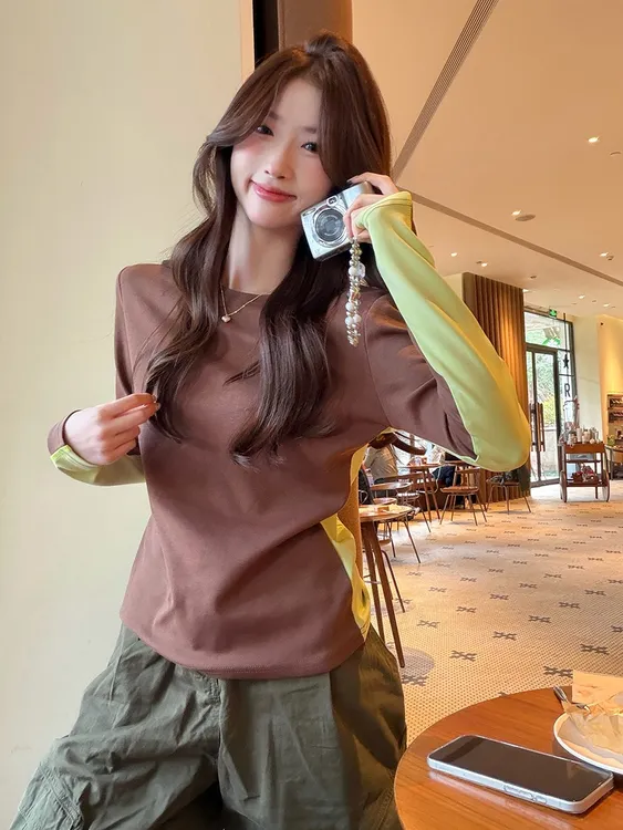 2025秋冬加绒新款韩系撞色拼接圆领长袖打底衫t恤显瘦百搭上衣