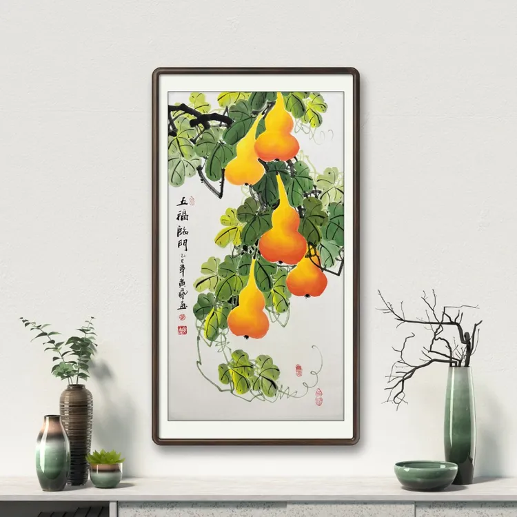 《五福临门》纯手绘三尺葫芦竖幅花鸟画国画挂画作品字画书画直播间