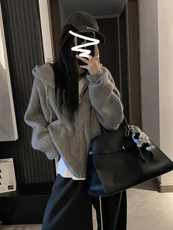 韩系连帽拉链毛衣女秋冬2025新款内搭慵懒高级感针织开衫卫衣外套