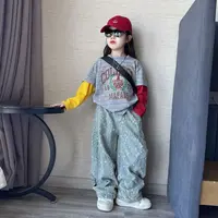 儿童春秋季痞帅潮酷破洞牛仔工装裤中大童个性百搭拼色袖卫衣潮