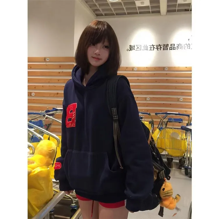 2025冬重工刺绣百搭加绒大码连帽卫衣女新款美式复古套头上衣外套