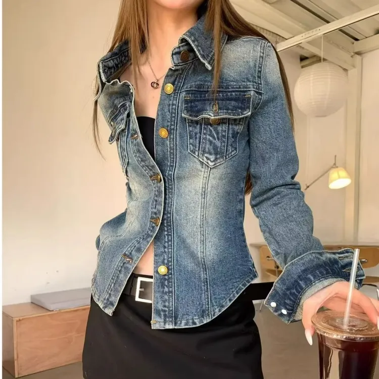 美式复古辣妹蓝色牛仔外套春秋新款修身显瘦纯欲风polo领牛仔衬衫