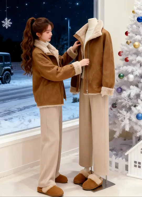 美拉德双面穿皮毛一体麂皮绒外套女2025新爆款秋冬加绒羊羔毛大衣