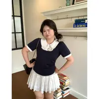 【梦影留痕】大头婷微胖定制夏季T恤假两件娃娃领拼色收腰短袖上衣