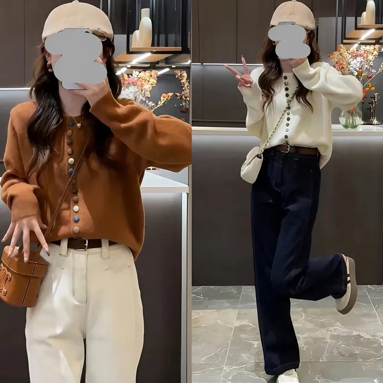 2025秋冬气质彩色纽扣圆领长袖针织衫打底上衣休闲百搭阔腿牛仔裤