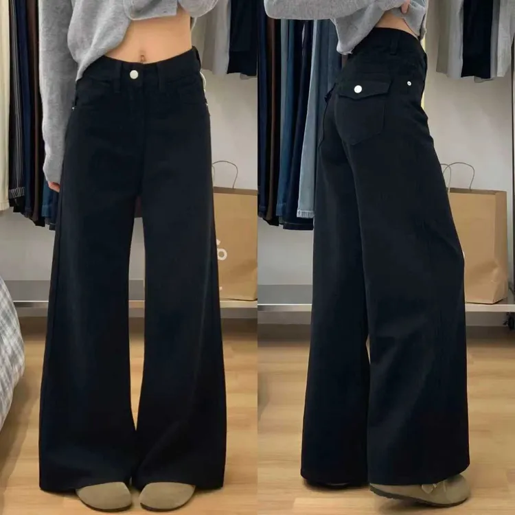 黑色阔腿牛仔裤女2025新款胖mm梨形身材宽松显瘦高腰直筒裤子