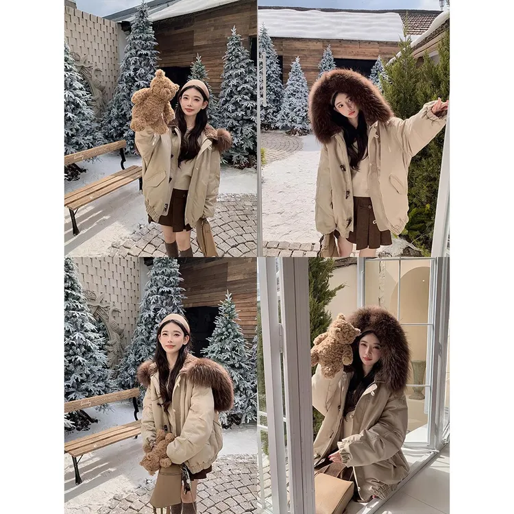 羽翼天使2025冬季新款派克服女加厚白鸭绒保暖羽绒服短款皮草外套