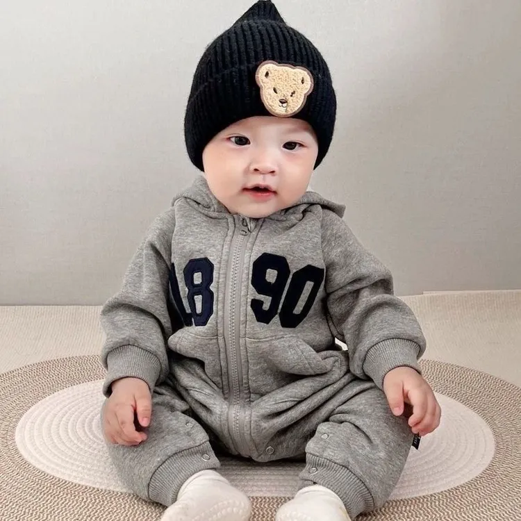 ins韩版男宝宝秋冬连体衣外出爬服超萌洋气哈衣拉链外套婴儿衣服