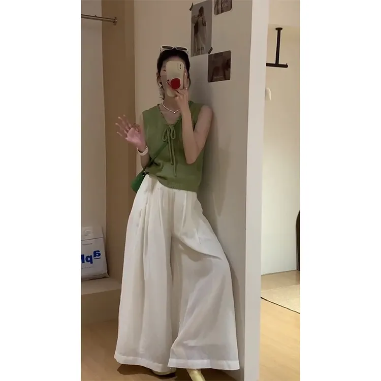 文艺范小清新无袖绑带针织背心百搭显瘦休闲轻薄直筒阔腿裤长裤女