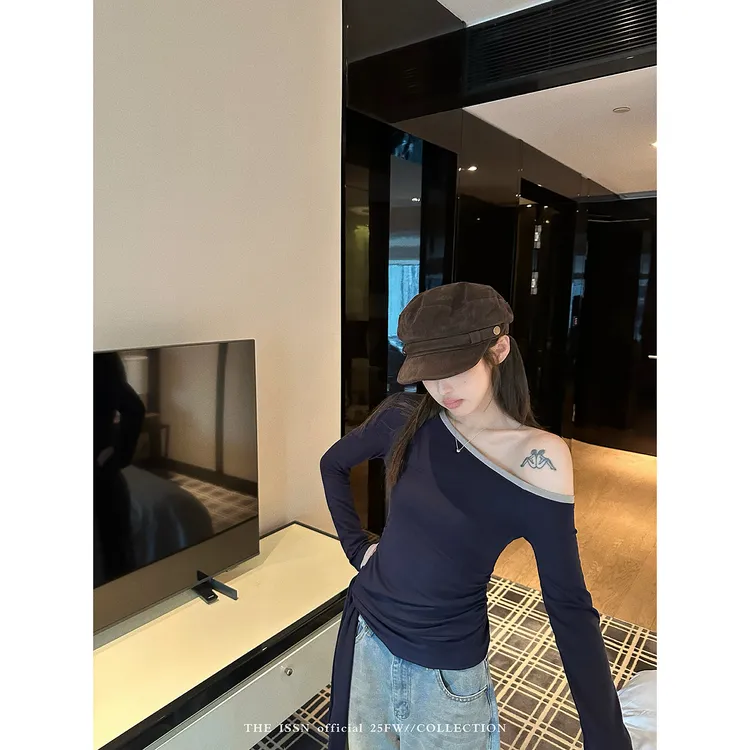 THEISSN宁司 斜肩假两件长袖T恤女早秋韩系绑带收腰上衣 01409