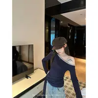 THEISSN宁司 斜肩假两件长袖T恤女早秋韩系绑带收腰上衣 01409