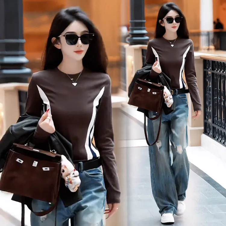 高含棉美式复古高级感长袖t恤女2025年秋冬新款拼接撞色遮肉上衣