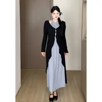 【穿搭法则】秋大码胖mm显瘦法式针织开衫露肩假两件连衣裙 DM33065