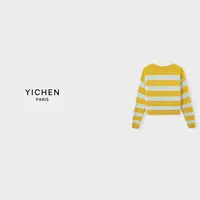 YC 姜黄色条纹 ce 翻领羊毛针织毛衣-6394